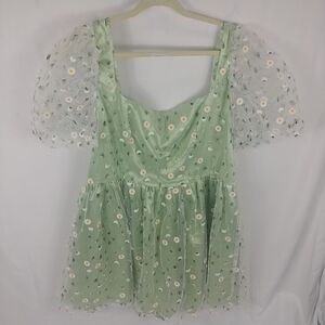 Sugar Thrillz Pastel Green Baby Doll Dress Women 2x Sheer Puff Sleeve Floral